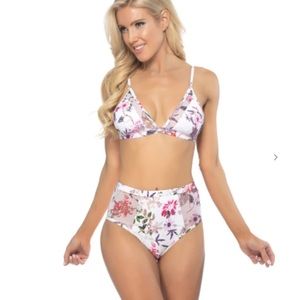 Beach Joy Floral Print on White High Waisted Bikini